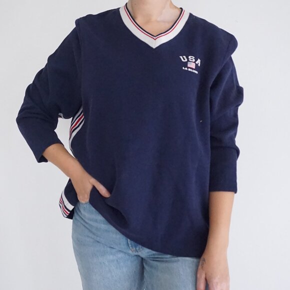 Vintage L.A. Blues USA Navy V-Neck Sweater Collegiate Blokecore 90s Style L - Picture 1 of 10